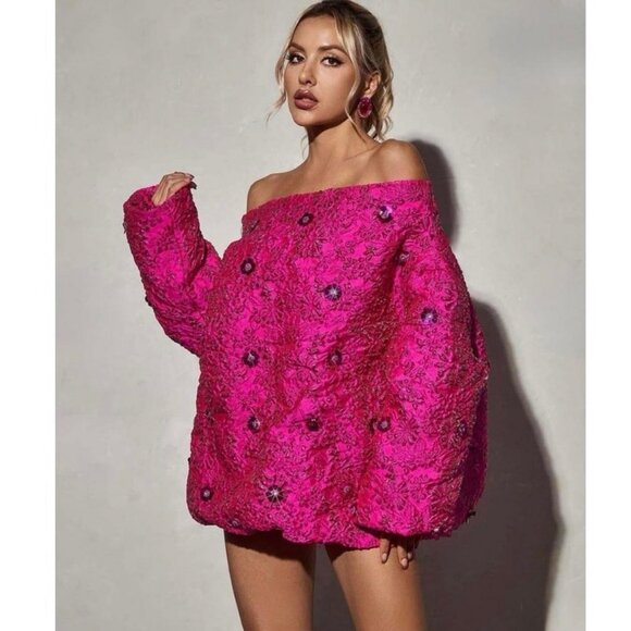 NWOT Mew Mews Aanya Pink Jacquard Off-Shoulder Mini Dress Size Medium - Picture 1 of 10